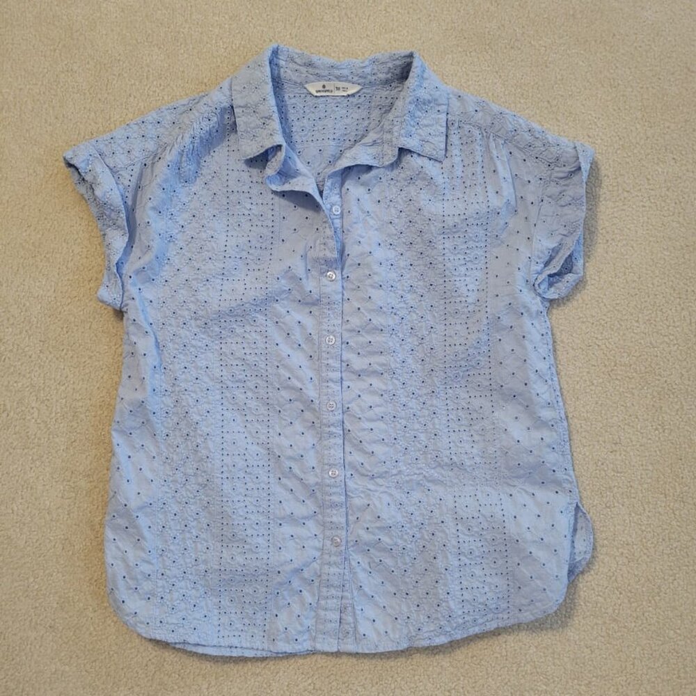 Springfield Women's 100% Cotton Blue Short Sleeve Embroidered Blouse, Size 4